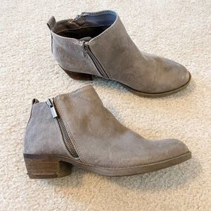 Gray suede low heel ankle booties